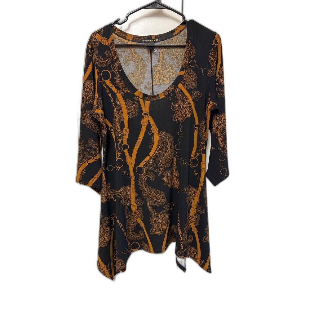 Eva Varro Black tunic top L 3/4 Sleeve equestrian print round neckline stretch